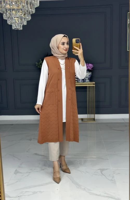 heidi triko uzun yelek - taba heidi triko uzun yelek - taba