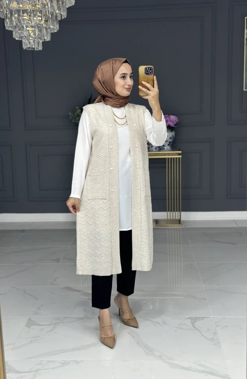 heidi triko uzun yelek - bej heidi triko uzun yelek - bej