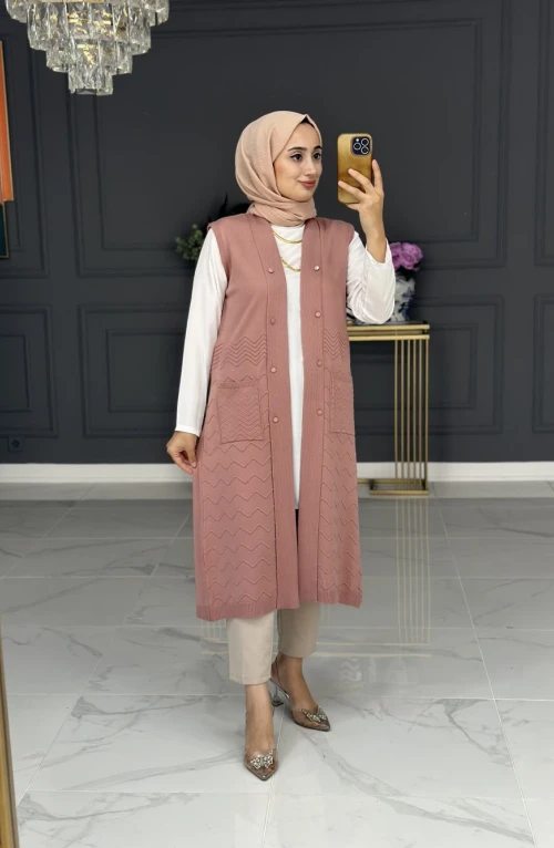 heidi triko uzun yelek - gül heidi triko uzun yelek - gül