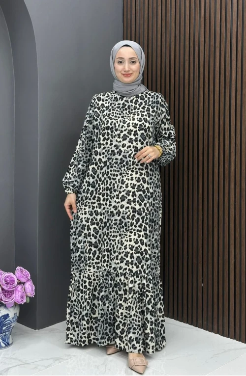 Leopar Desenli Elbise - Gri