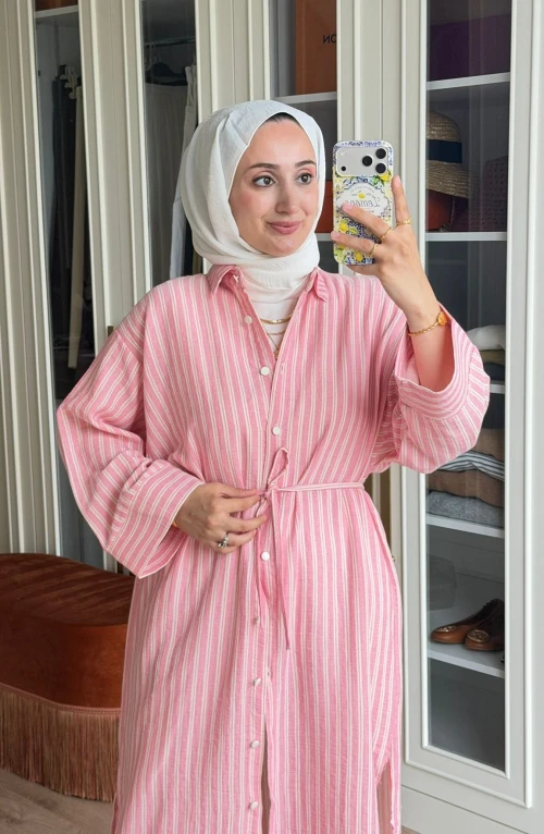 Çizgili Tunik Kap-Pembe Çizgili Tunik Kap-Pembe