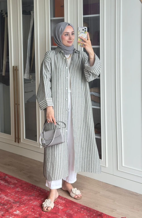 Çizgili Tunik Kap-Gri Çizgili Tunik Kap-Gri