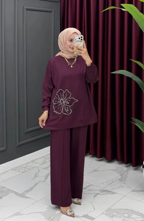 Taş Detaylı Takım-Mürdüm