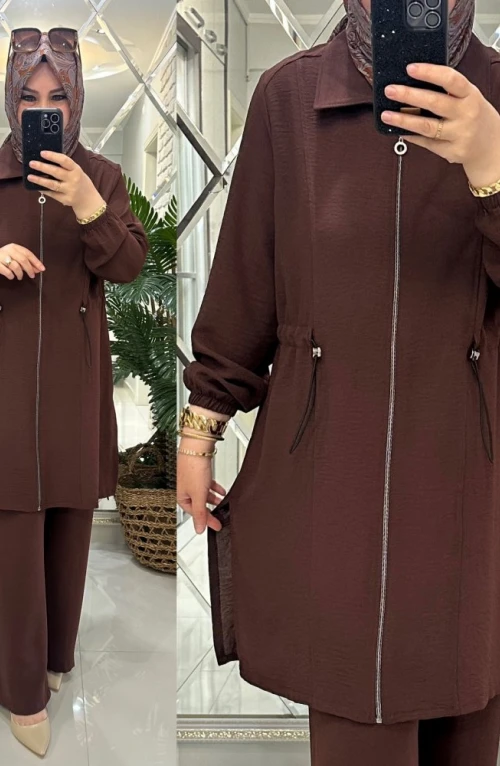 Elif takım ayrobin kumaş kahve