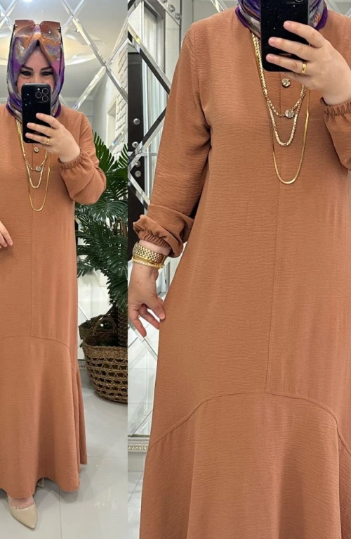Banu elbise ayrobin kumaş karamel