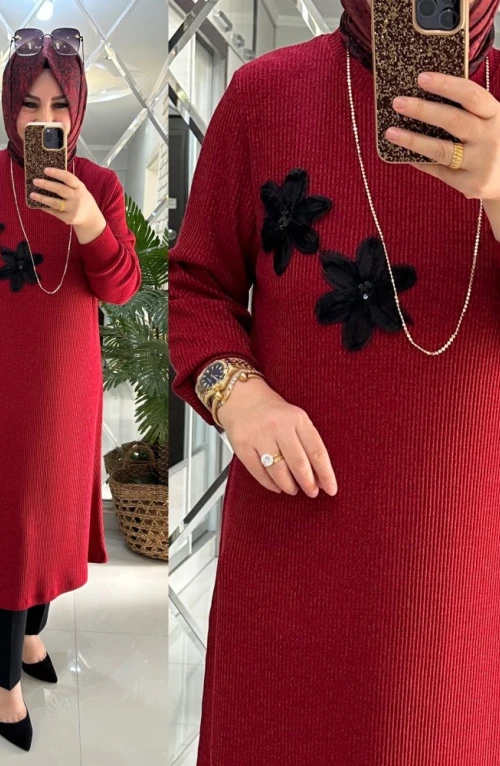 Mercan tunik fitilli yumoş triko kırmızı Mercan tunik fitilli yumoş triko kırmızı