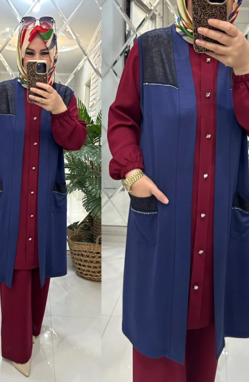 Nurcan yelek inci penye kumaş mavi