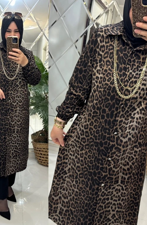 Seval gömlek leopar belmando kumaş kahve Seval gömlek leopar belmando kumaş kahve