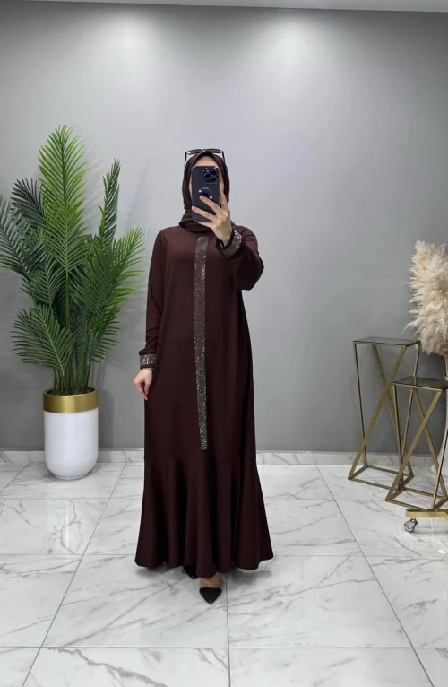 Karsu Taşlı Abiye Elbise Kahve