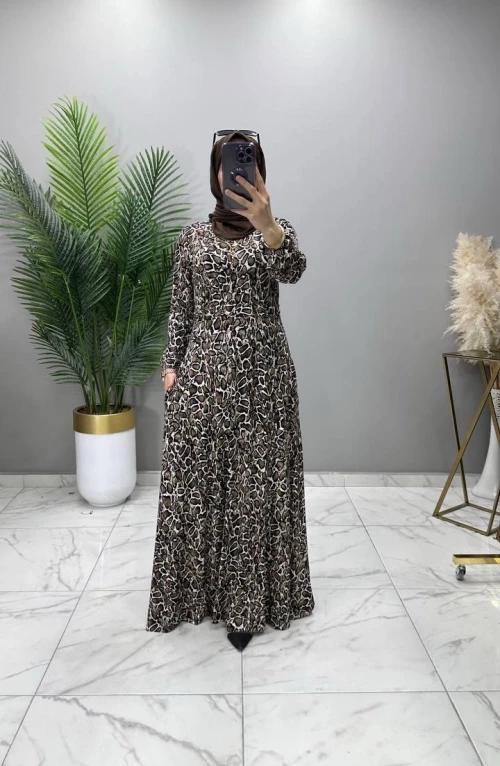 Liya Kruvaze Yakalı Elbise Leopar