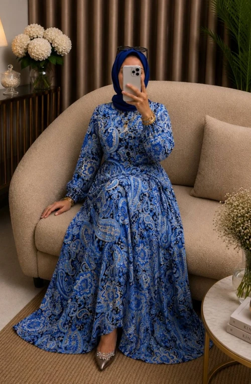 Şal Desen Elbise indigo Mavi