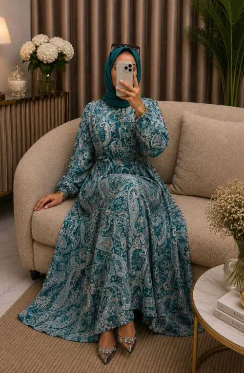 Şal Desen Elbise Mint Yeşil