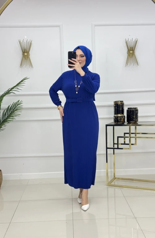 NAZLI PİLİSELİ ELBİSE-SAKS MAVİSİ