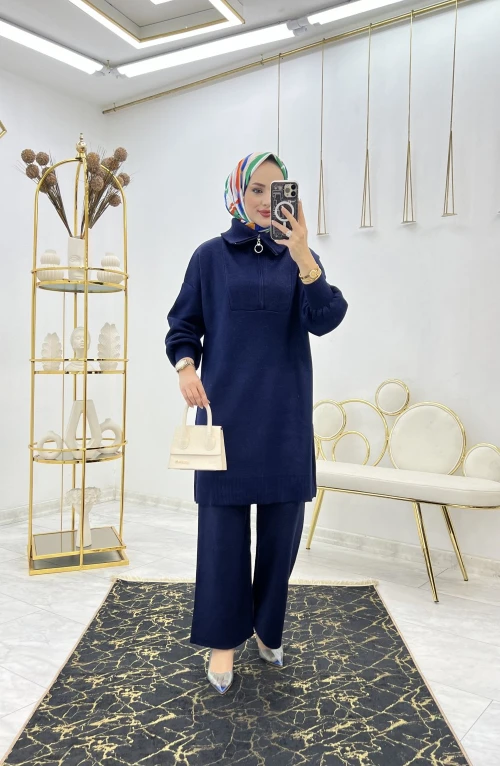 Lacivert Premium Simli Triko Takım Tesettür Giyim