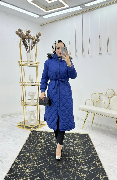 Saks Mavisi Armalı Mont Premium Kalite Tesettür Giyim
