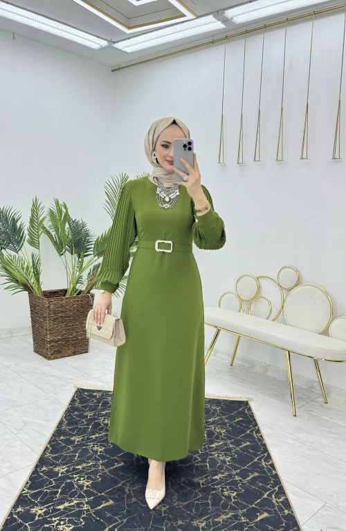 Yağ Yeşili Hadise Kalem Elbise Tesettür Giyim