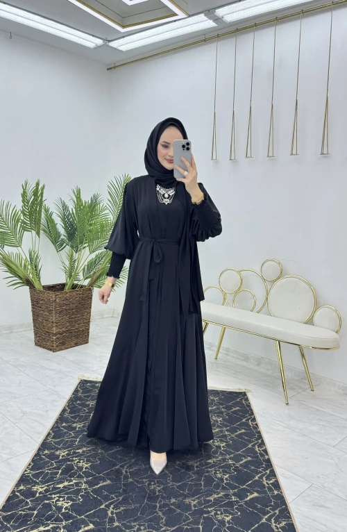 Siyah Şahane Abaya Takım Tesettür Giyim