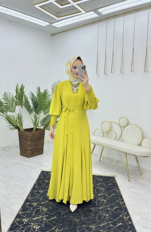 Yağ Yeşili Şahane Abaya Takım Tesettür Giyim