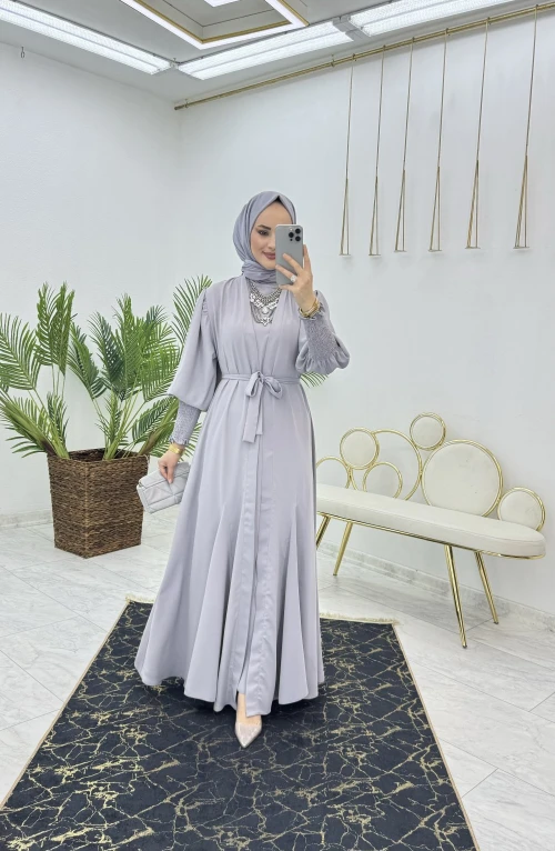 Gri Şahane Abaya Takım Tesettür Giyim