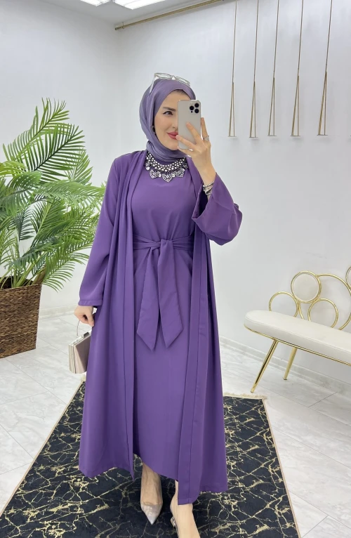 Mürdüm Neva Abaya Takım Tesettür Giyim