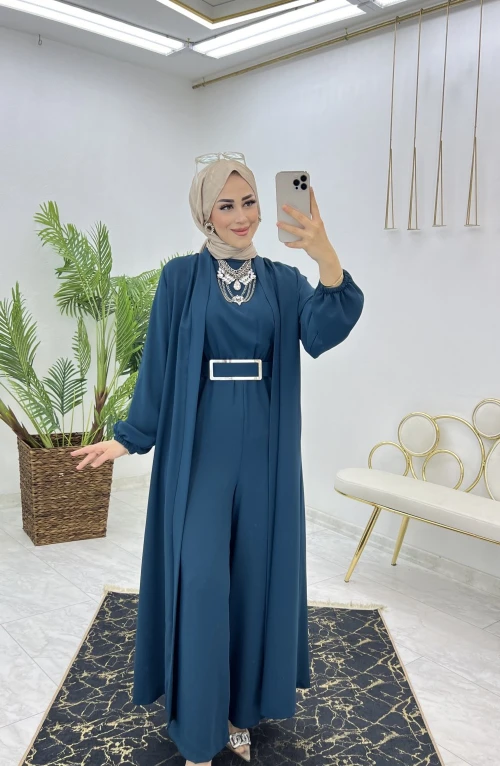 Petrol Premıum Fulya Abaya Tulum Takım Tesettür Giyim