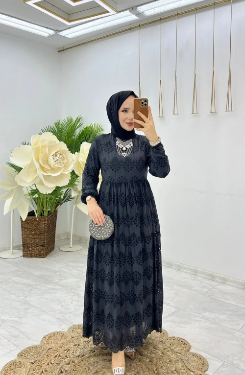 Siyah Jasmin Brode Elbise Tesettür Giyim