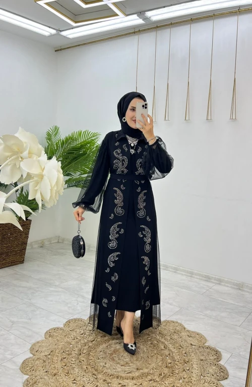Abaya Tasarım Siyah Sarmal Abaya Takım Tesettür Giyim