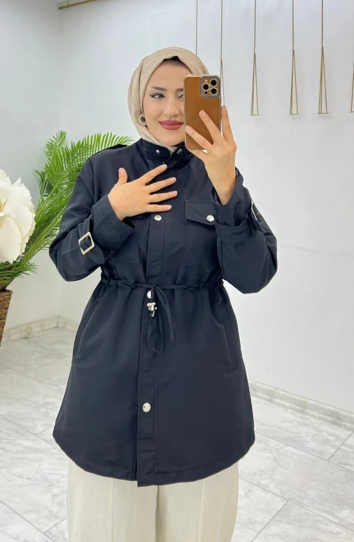 Siyah Canan Astarlı Trench Tesettür Giyim