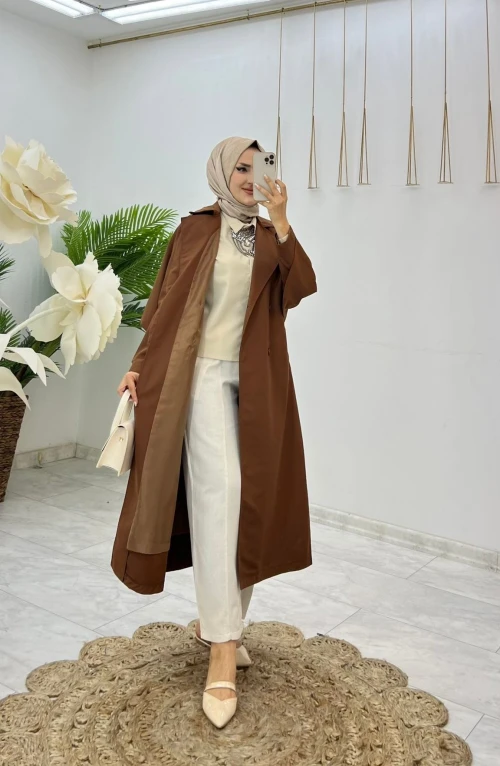Kahve Premıum Astarlı Pelerinli Trench Tesettür Giyim