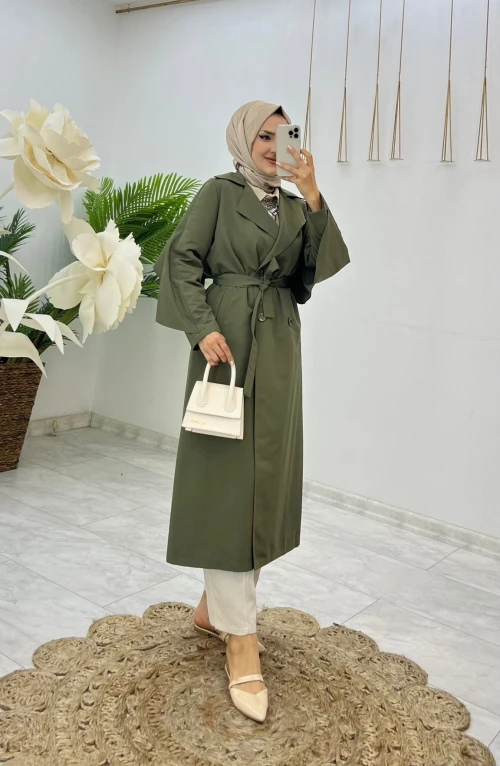 Haki Premıum Astarlı Pelerinli Trench Tesettür Giyim