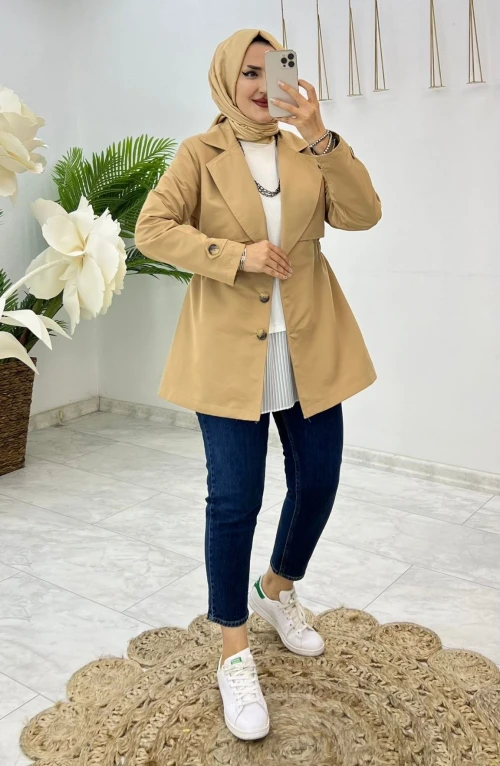 Camel Premıum Astarlı Lema Trench Tesettür Giyim