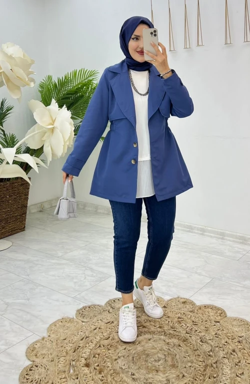 İndigo Premıum Astarlı Lema Trench Tesettür Giyim