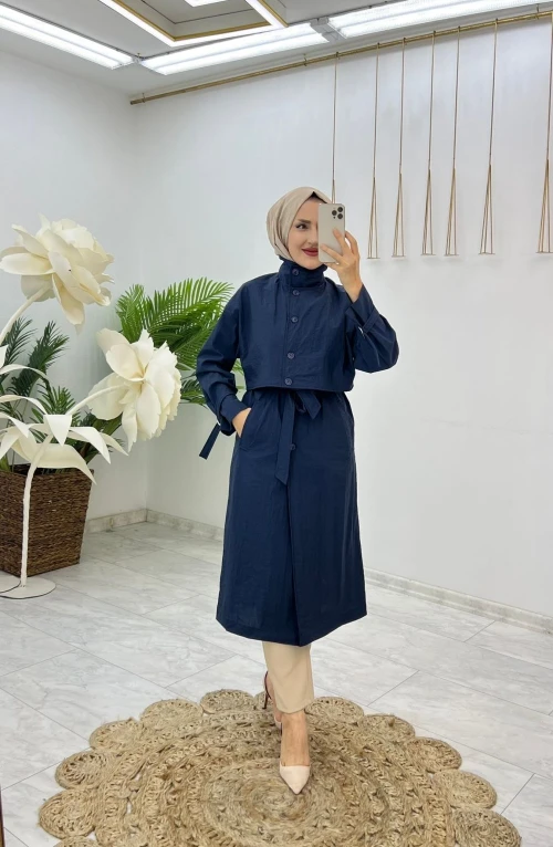 Lacivert Hülya Trench Tesettür Giyim