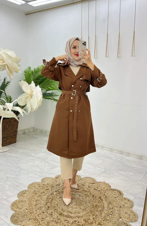 Kahve Astarlı Kuşgözlü Trench Tesettür Giyim