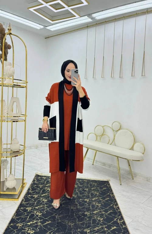Kiremit Nadide Üçlü Triko Takım Tesettür Giyim