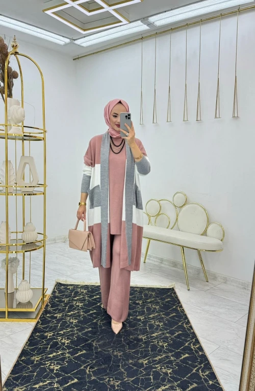 Gül Yeşil Nadide Üçlü Triko Takım Tesettür Giyim