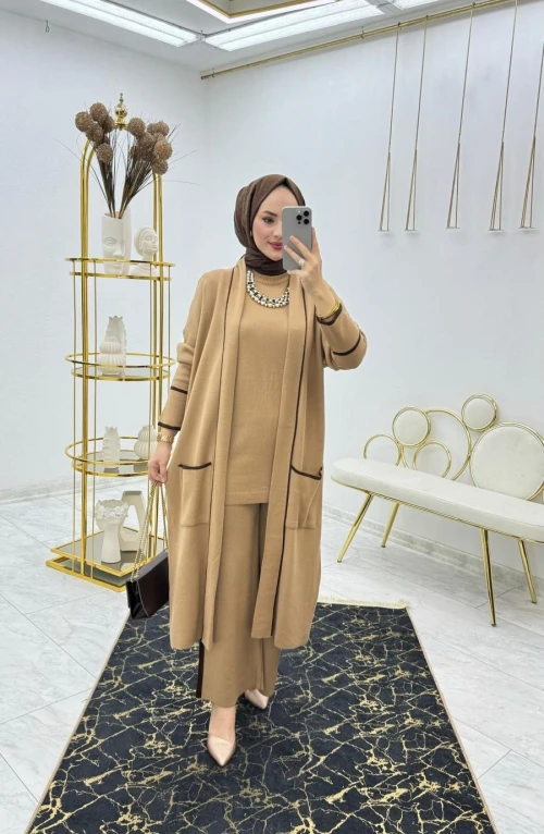 Camel Havva Üçlü Triko Takım Tesettür Giyim