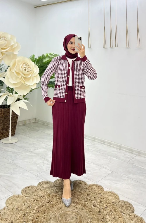 Bordo Kazayağı Etek Takım Tesettür Giyim