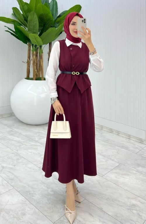 Bordo Kemerli Selvi Takım Tesettür Giyim
