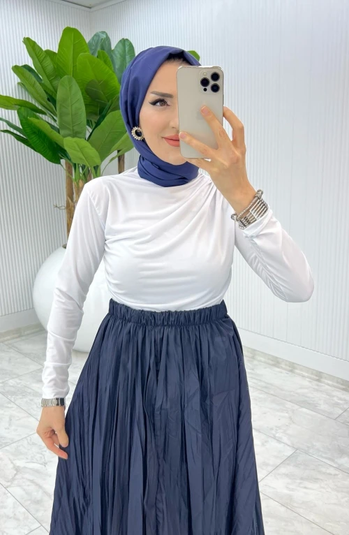 Beyaz - Lacivert Tek Sadece Bluz Tesettür Giyim