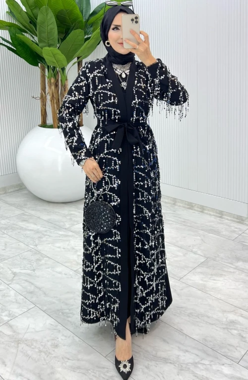 Siyah Karen Tasarım Abaya Takım Tesettür Giyim