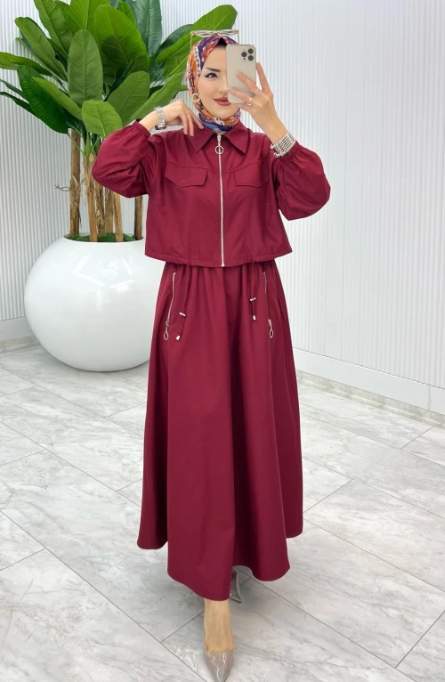 Bordo Premium Nefis Etek Takım Tesettür Giyim