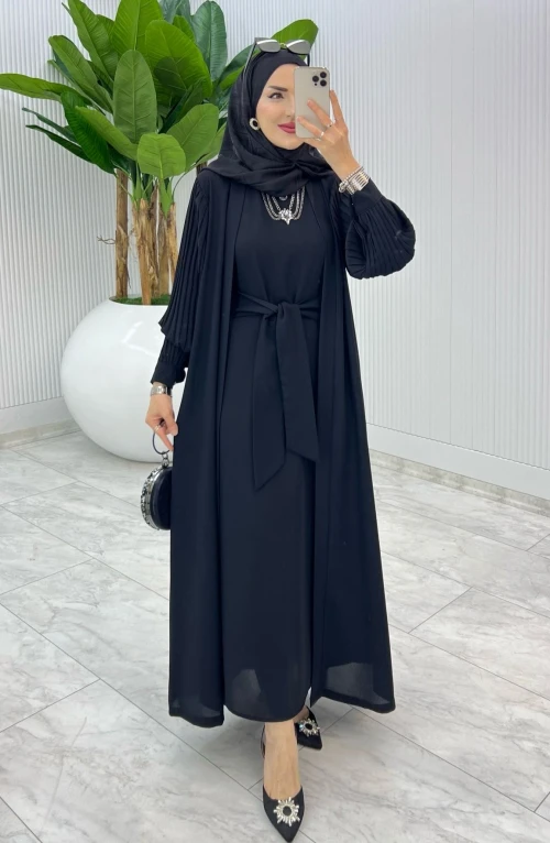 Siyah Premium Melek Abaya Takım Tesettür Giyim