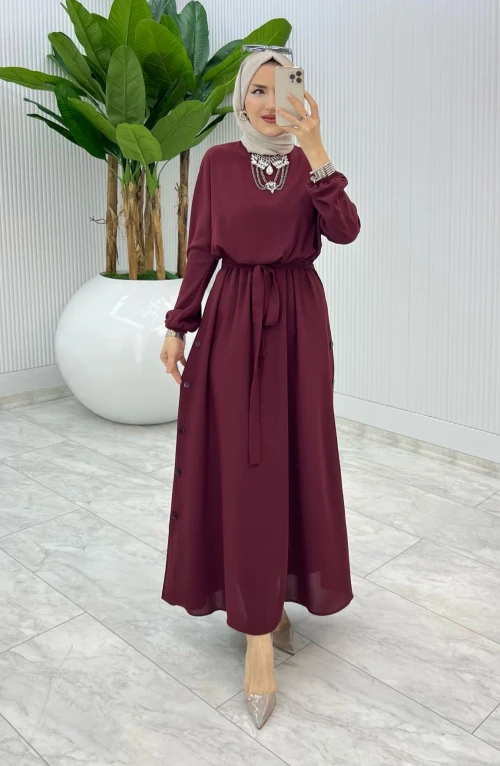 Bordo Premium Düğmeli Elbise Tesettür Giyim