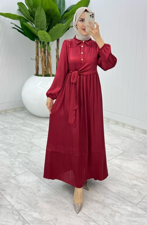 Bordo Premium Lotus Elbise Tesettür Giyim