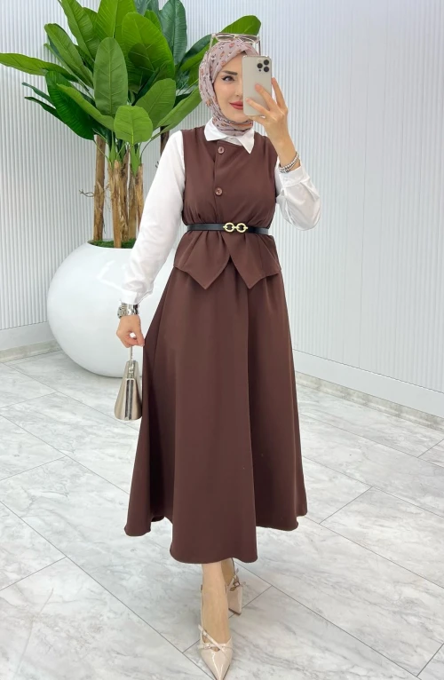 Kahve Kemerli Selvi Takım Tesettür Giyim