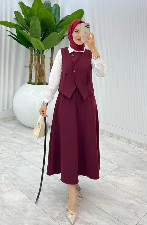 Bordo Kemerli Selvi Takım Tesettür Giyim