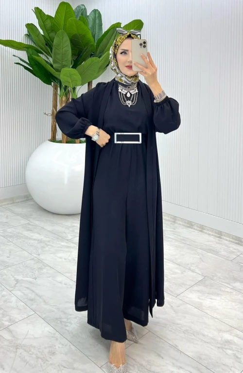 Siyah Premium Silva Tulumlu Abaya Takım Tesettür Giyim