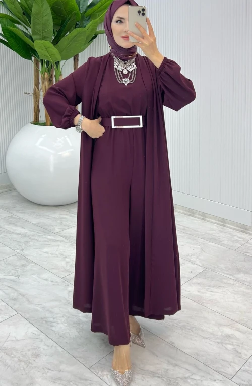 Bordo Premium Silva Tulumlu Abaya Takım Tesettür Giyim