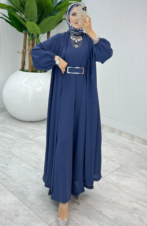 İndigo Premium Silva Tulumlu Abaya Takım Tesettür Giyim